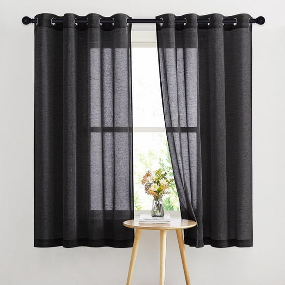 NICETOWN Black Sheer Curtains for Bedroom, Grommet Semi Sheer Linen Window Treatment Linen Weave Vertical Drapes Privacy with Light Filter for Kid's Room, 52"x63", 2 Panels