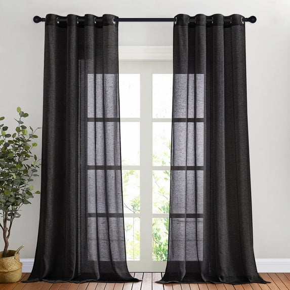NICETOWN Black Sheer Curtains for Living Room, Grommet Semi Sheer Linen Window Treatment Linen Weave Vertical Drapes Privacy with Light Filter for Kid's Room, 52"x90", 2 Panels