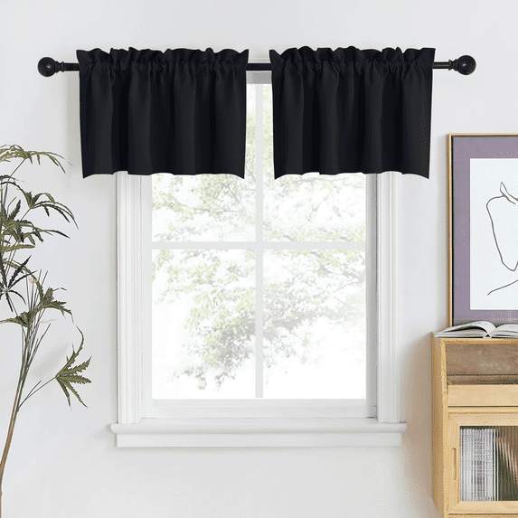 NICETOWN Black Valance Curtains for Kitchen, Rod Pocket Thermal Insulated Blackout Drapes Window Curtains for Basement Living Room, 42"x18", 2 Panels