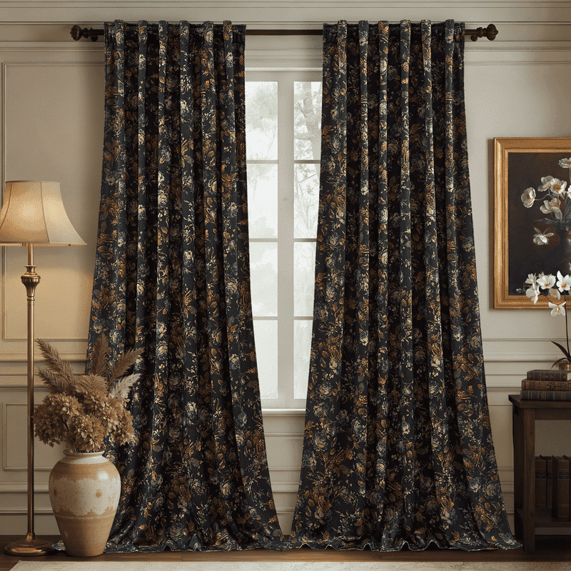 NICETOWN Black Velvet Curtains 102 inches Long, Printed Floral Vintage Thermal Insulated Room Darkening Back Tab Drapes for Bedroom Living Room, 2 Panels