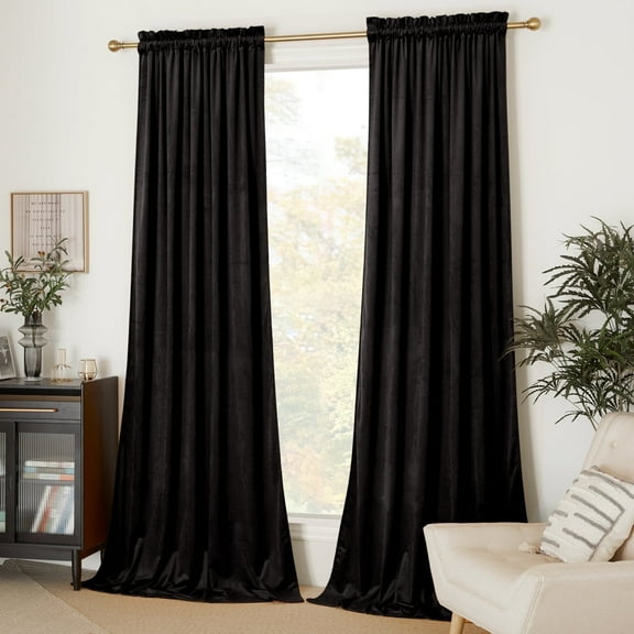 NICETOWN Black Velvet Curtains, 2 Panels Room Darkening Noise Reduced Thermal Insulated Rod Pocket Treatment Window 52x102 inch