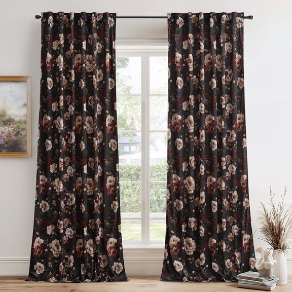 NICETOWN Black Velvet Curtains 84 inches Long, Vintage Floral Velvet Curtains Room Darkening Thermal Insulated Drapes for Bedroom Living Room, 52"x84", 2 Panels