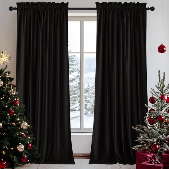 NICETOWN Black Velvet Curtains for Living Room 84 inch Length 2 Panels Set, Rod Pocket Thermal Insulated Energy Efficiency Room Darkening Retro Drapes