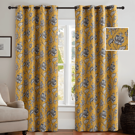 NICETOWN Blackout Curtains 96 Inch Length, Vintage Floral Print Curtain Drapes for Living Room Thermal Insulated Grommet Window Curtains for Bedroom, Golden Oak, 2 Panels