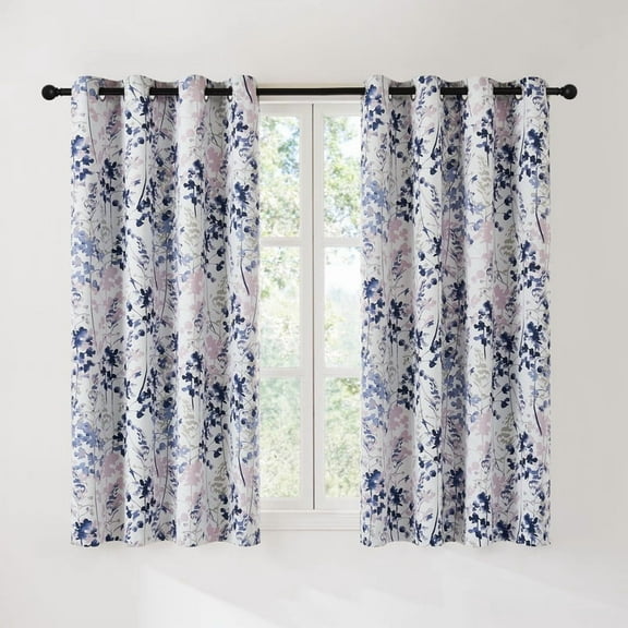 NICETOWN Blackout Curtains for Kitchen, Watercolor Foliage Light Blocking Curtains Thermal Insulated Energy Efficient Grommet Drapes, Greyish Blue, 52"x63", 2 Panels