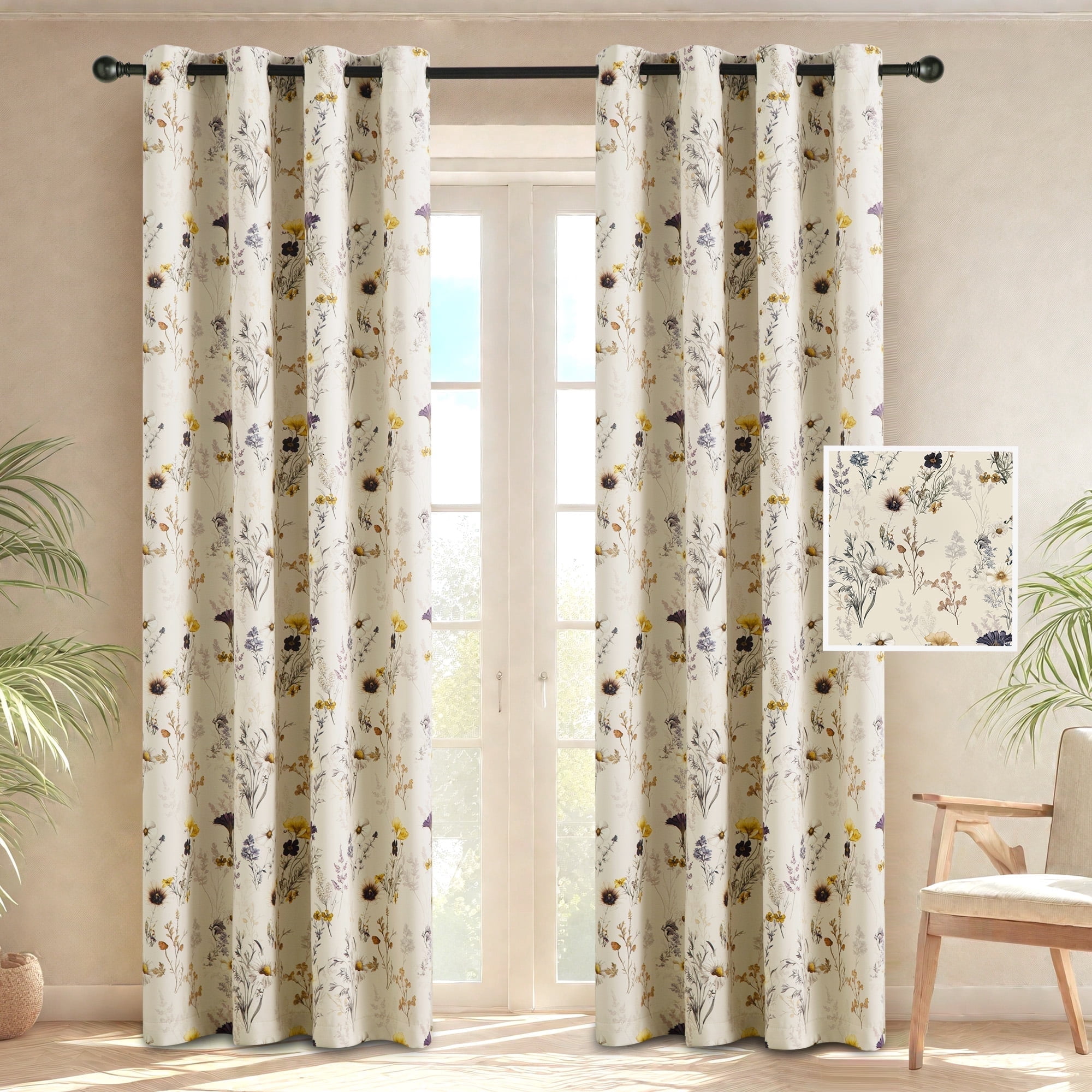 NICETOWN Blackout Curtains for Living Room, Printed Thermal Insulated Privacy Protection Curtains Grommet Room Darkening Drapes for Bedroom, Beige, 52"x84"， 2 Panels
