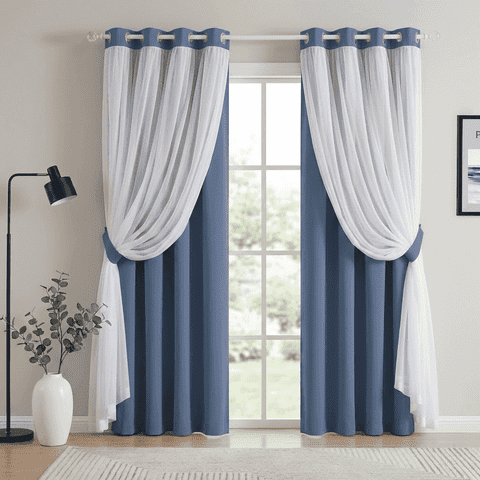 NICETOWN Blackout Double Layer Curtains for Living Room, Grommet Noise Reducing Ruffle Cute Thermal Drapes, W52 x L95, Set of 2, Blue Haze
