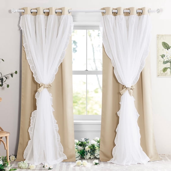 NICETOWN Blackout Curtains with Sheer Overlay Ruffle Shabby Chic Light Blocking Grommet Bow Curtains, W52 x L95, Set of 2, Biscotti Beige