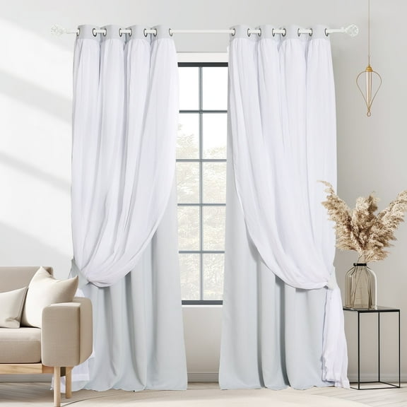 NICETOWN Blackout Double Layer White Curtains with Sheer for Bedroom Pravicy Grommet Solid Room Darkening Drapes, W52 x L84, Set of 2, Greyish White