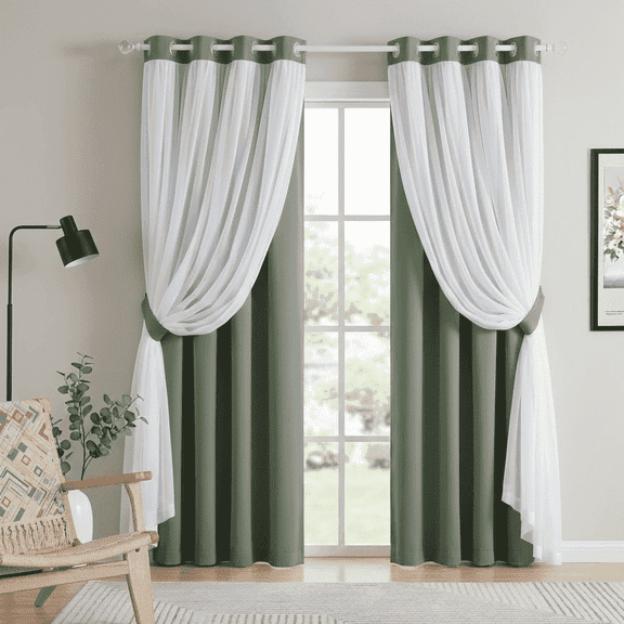 NICETOWN Blackout Double Layer Curtains with Sheer for Livingroom Pravicy Solid Grommet Room Darkening Drapes, W52 x L63, Set of 2, Greyish Green
