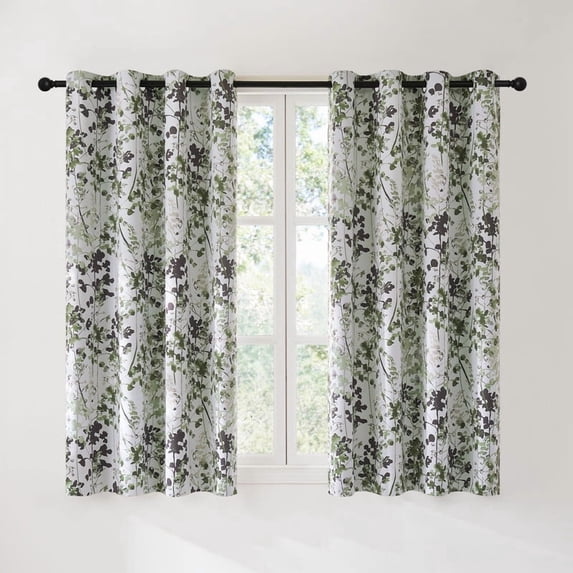 NICETOWN Blackout Floral Curtains for Kitchen, Watercolor Foliage Light Blocking Curtains Thermal Insulated Energy Efficient Grommet Drapes, Olive Green, 52"x63", 2 Panels