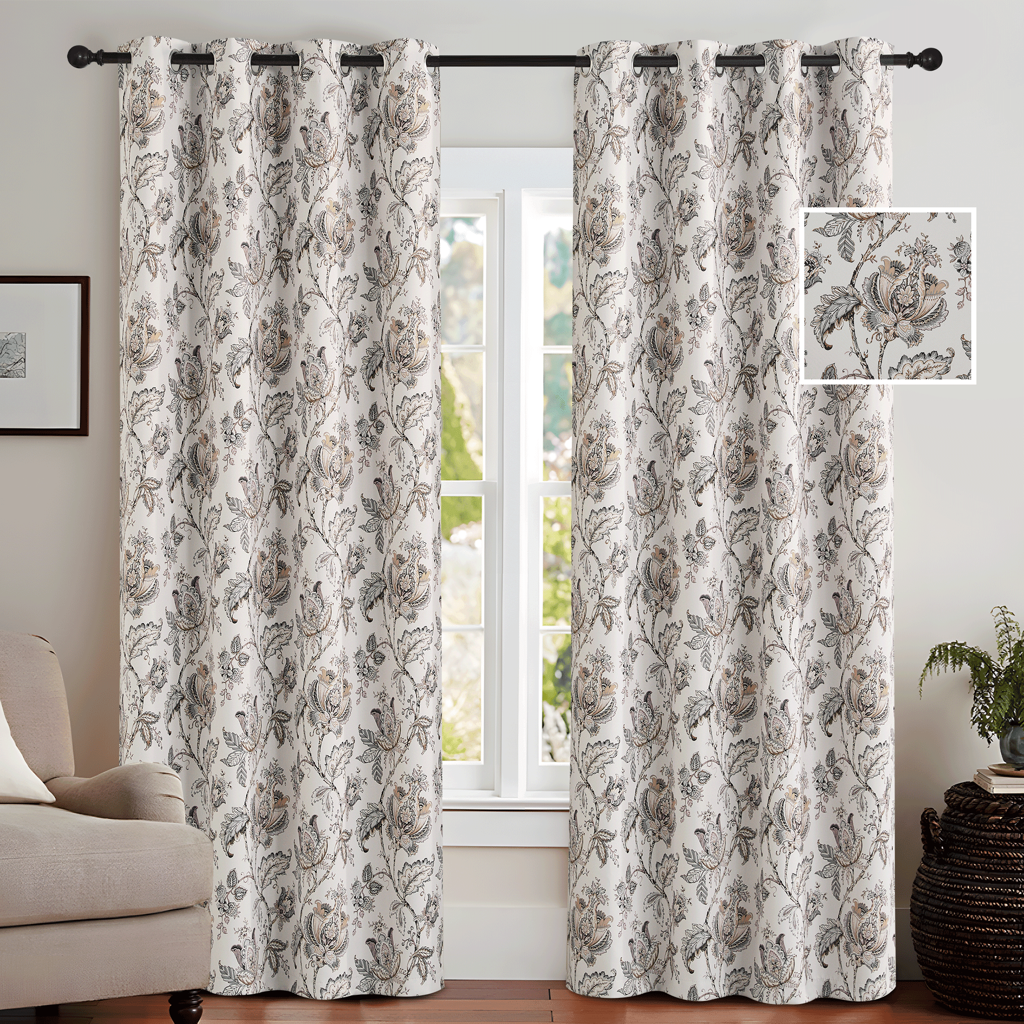 NICETOWN Blackout Floral Curtains for Living Room, Blackout Thermal Insulated Privacy Protection Curtains Grommet Room Darkening Drapes for Bedroom, Cream, 52"x96", 2 Panels