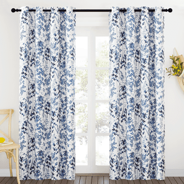 NICETOWN Blackout Floral Curtains for Living Room, Watercolor Foliage Light Blocking Curtains Thermal Insulated Energy Efficient Grommet Drapes, Blue, 52"x84", 2 Panels