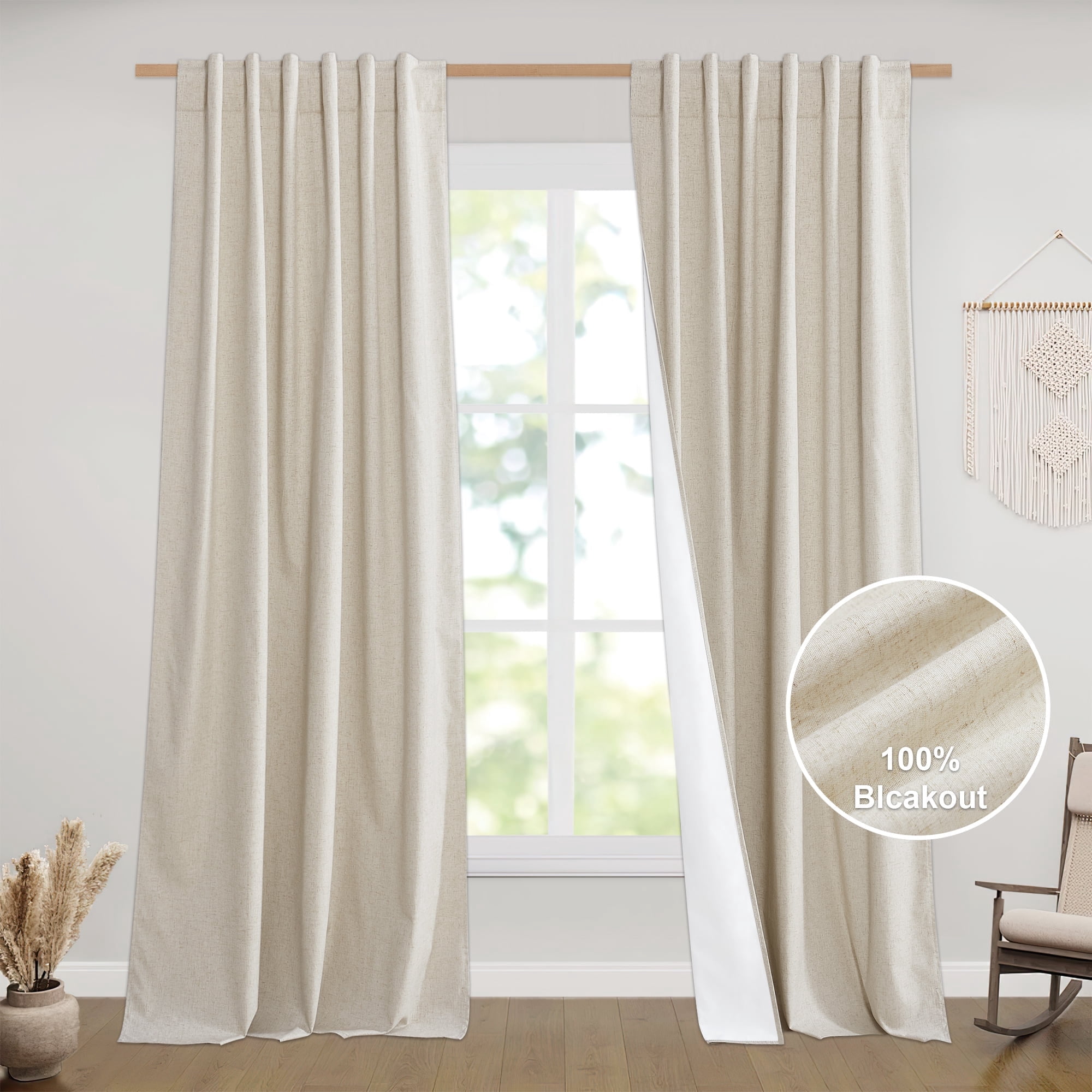 NICETOWN Blackout Natural Linen Curtains for Bedroom Windows 90 inch ...