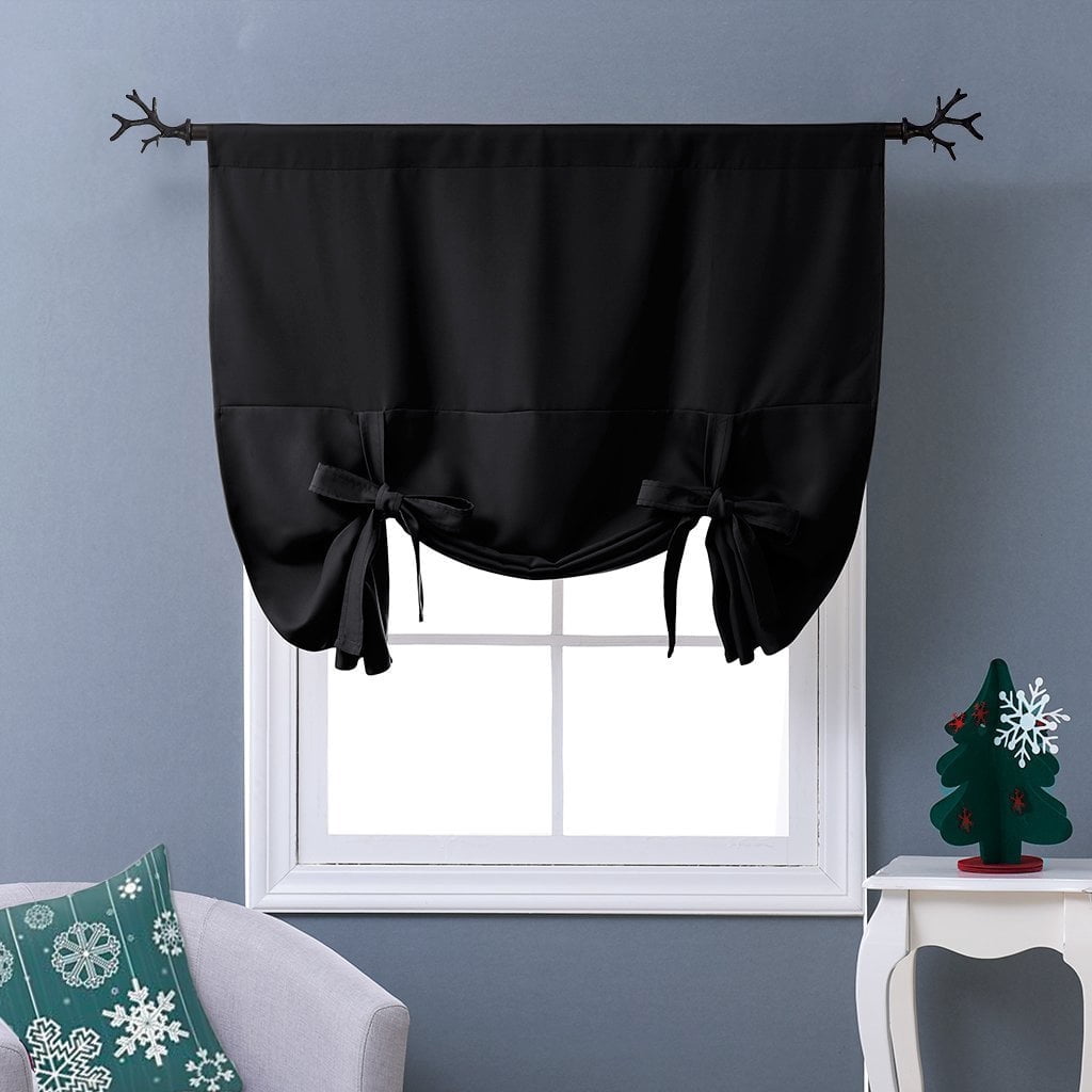 NICETOWN Blackout Short Curtain for Windows, Tie Up Adjustable Balloon Valance Blind Thermal Insulated Room Darkening Rod Pocket Curtain for Kitchen Living Room, Black, 46"x63", 1 Piece