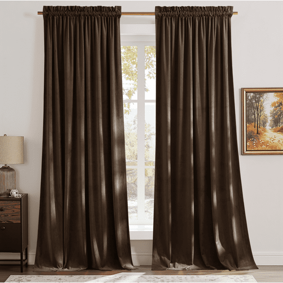 NICETOWN Blackout Velvet Curtains 90 inch Length 2 Panels Set, Thermal Insulated Room Darkening Rod Pocket for Vintage Bedroom Decor, Brown