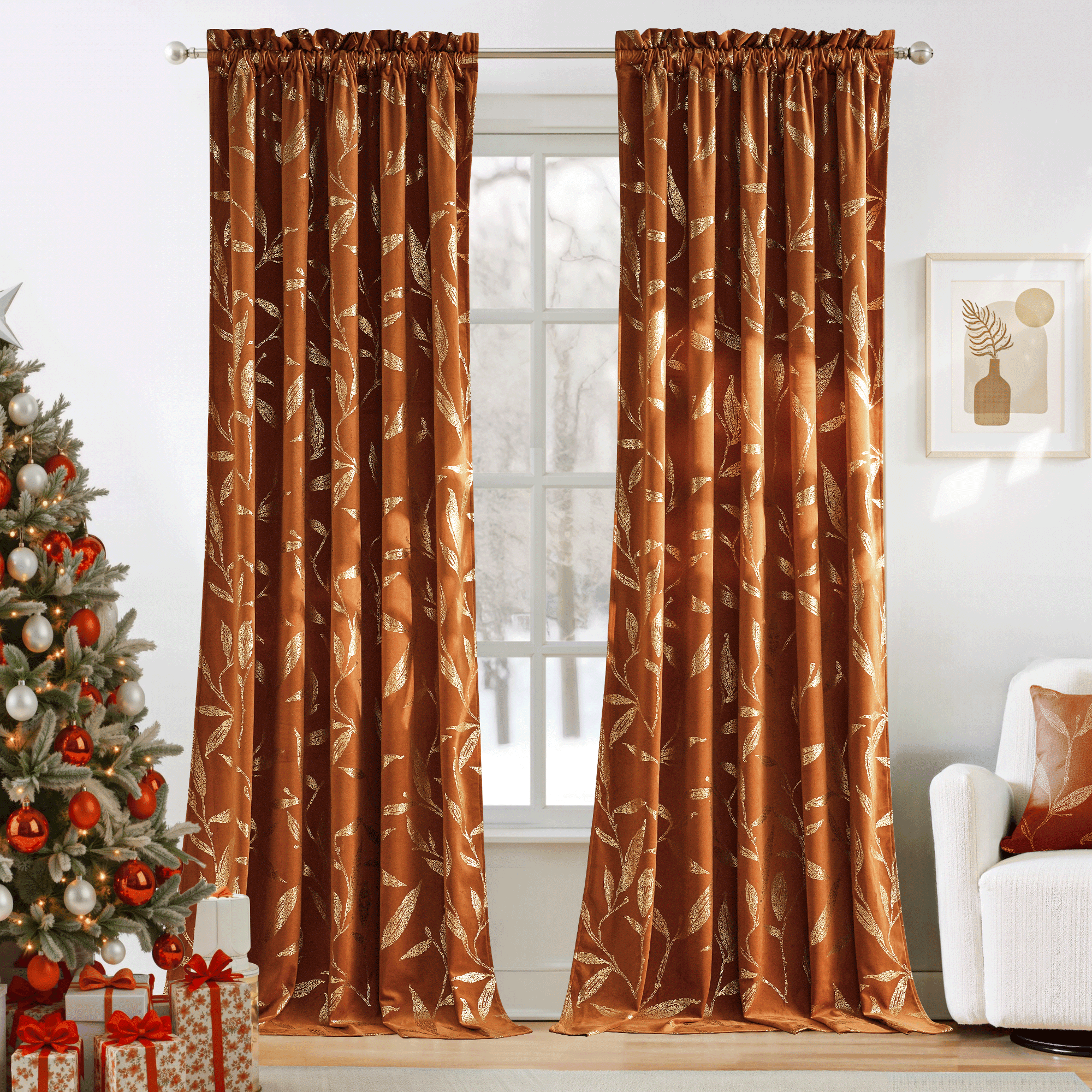 NICETOWN Blackout Velvet Curtains for Living Room, Soft Vintage Leaf Patterned Gold Foil Printed Velvet Curtains Rod Pocket Room Darkening Thermal Insulated Drapes, Gold Brown, 50"x84", 2 Panels