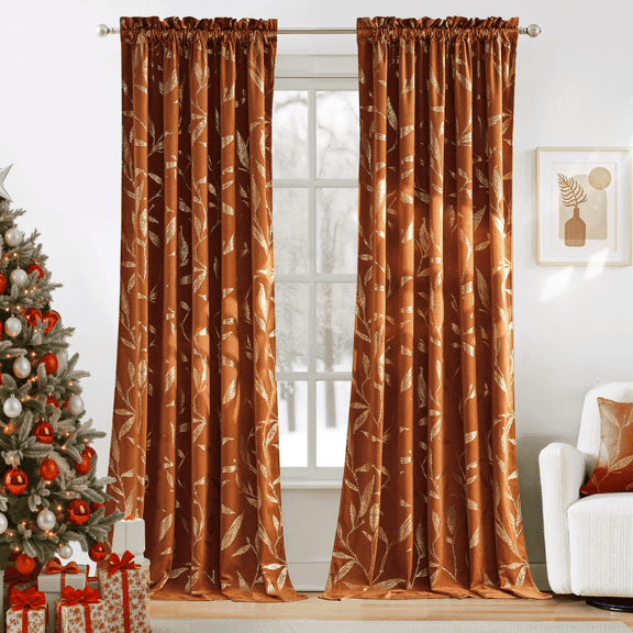 NICETOWN Blackout Velvet Curtains for Living Room, Soft Vintage Leaf Patterned Gold Foil Printed Velvet Curtains Rod Pocket Room Darkening Thermal Insulated Drapes, Gold Brown, 50"x84", 2 Panels