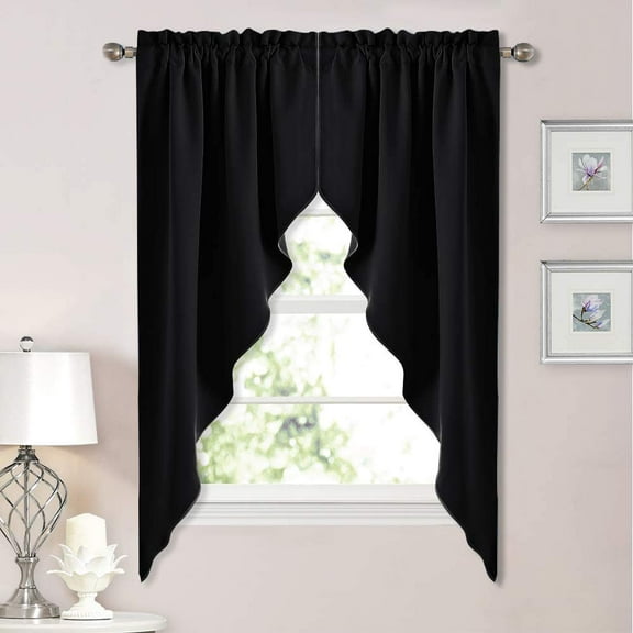 NICETOWN Blackout Window Treatment Pole Pocket Kitchen Tier Curtains- Tailored Scalloped Valance/Swags for Living Room (2 Panels, 36" W X 63" L Each Panel, Black)