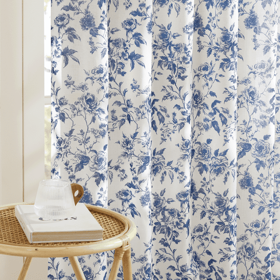 NICETOWN Blue Floral Curtains for Bedroom, Linen Farmhouse Light Filtering Drapes for Living Room, Vintage Semi Sheer Back Tab Rod Pocket Curtains, 52"x96", 2 Panels