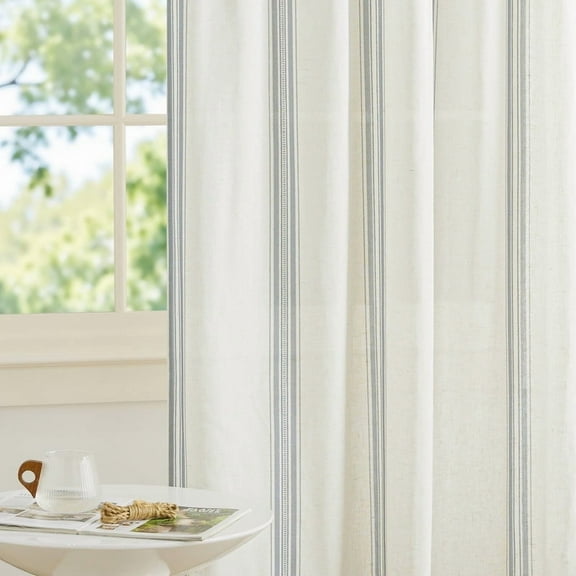 NICETOWN Blue Striped Curtains for Kitchen, Linen Curtains Light Filtering Back Tab Farmhouse Rustic Drapes for Bedroom, 52"x63", 2 Panels