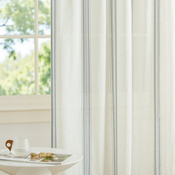 NICETOWN Blue Striped Curtains for Living Room, Linen Curtains Light Filtering Back Tab Farmhouse Rustic Drapes for Bedroom, 52"x84", 2 Panels