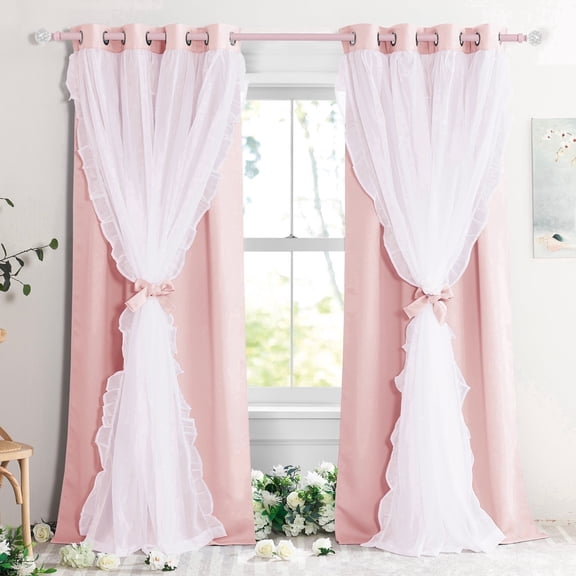 NICETOWN Double Layer Pink Curtains for Livingroom Thermal Insulation Room Darkening Grommet Drapes with Sheer, W52 x L95, Set of 2, Blush Pink