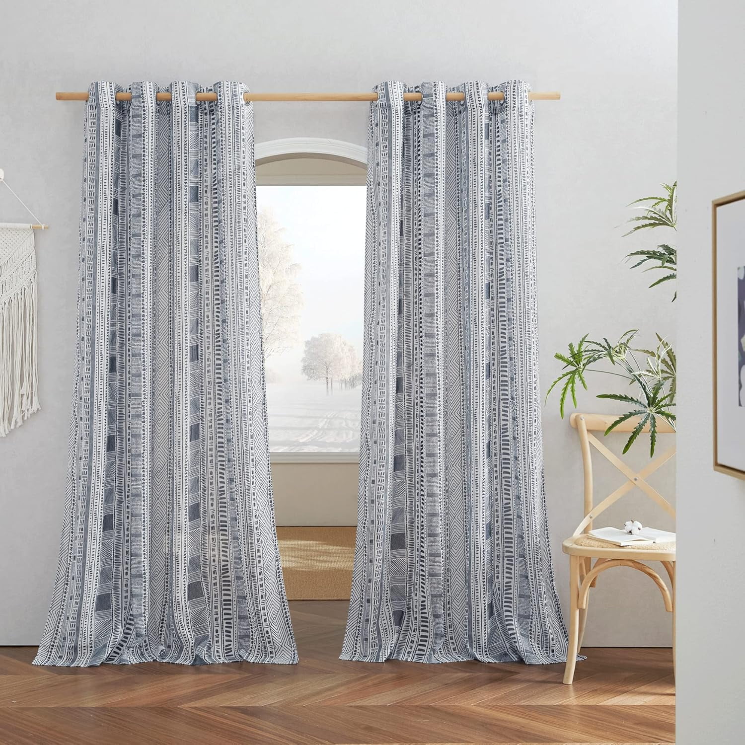 NICETOWN Boho Curtains 84 Inch length 2 panels set, Semi Sheer Linen Curtains Light Filtering Wrinkle Free Country Rustic Farmhouse Grommet Drapes for Bedroom Living Room, Navy Blue, 1 Pair