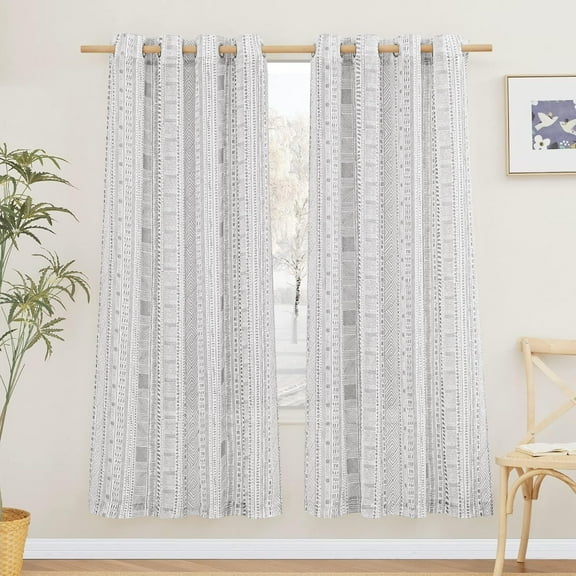 NICETOWN Boho Linen Curtains for Bedroom, Geometric Country Farmhouse Curtains Light Filtering Semi Sheer Linen Drapes for Living Room, 50"x72", Grey, 2 Panels