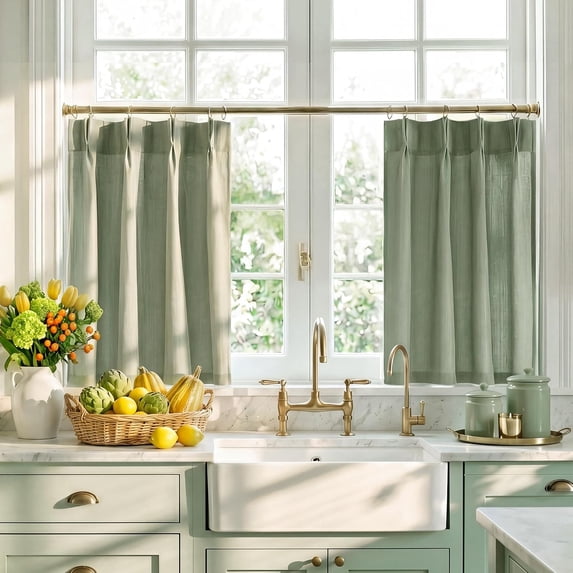 NICETOWN Cafe Curtains for Kitchen, Pinch Pleated Small Window Curtains Over Sink, Semi Sheer Farmhouse Light Filtering Linen Curtains for Bathroom Baseroom, Sage Green, 26"x36", 2 Panels
