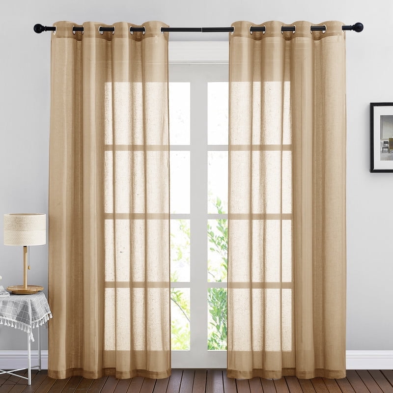 NICETOWN Camel Sheer Linen Curtains, Grommet Semi Sheer Linen Window Treatment Linen Weave Vertical Drapes Privacy with Light Filter for Living Room, 52"x90", 1 Pair