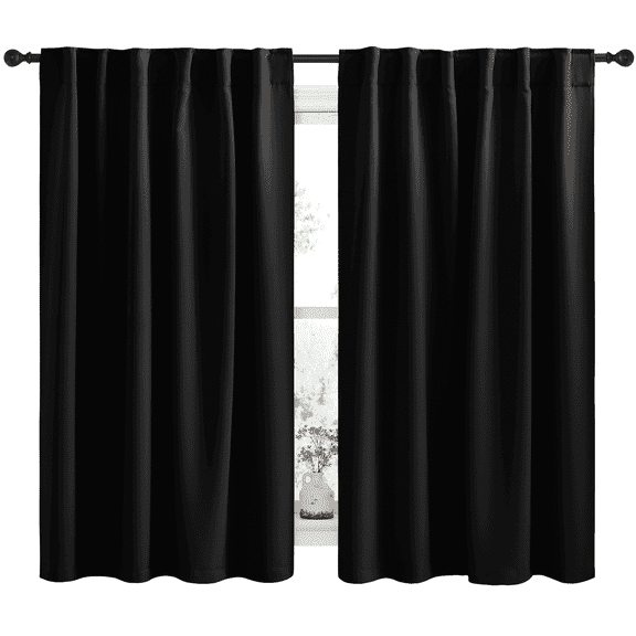 NICETOWN Casual Black Solid Print Home Back Tab Blackout Curtains, 52" x 63" (2 Panels)