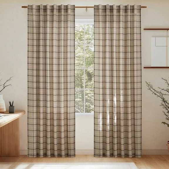 NICETOWN Check Plaid Linen Curtains for Bedroom, Semi Sheer Linen Grid Pattern Curtains Rod Pocket Back Tab Light Filtering Linen Windowpane Curtains, Light Greige, 52"x63", 2 Panels