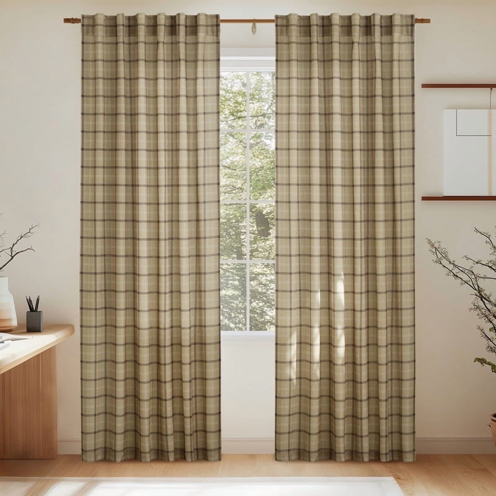 NICETOWN Check Plaid Linen Curtains for Bedroom, Semi Sheer Linen Grid Pattern Curtains Rod Pocket Back Tab Light Filtering Linen Windowpane Curtains, Linen, 52"x63", 2 Panels
