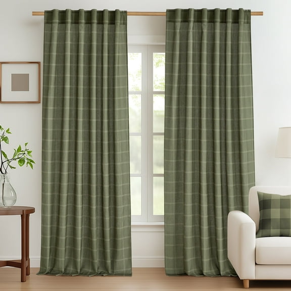 NICETOWN Check Plaid Linen Curtains for Farmhouse, Semi Sheer Linen Gingham Curtains Back Tab Light Filtering Linen Windowpane Curtains, Green, 52"x84", 2 Panels