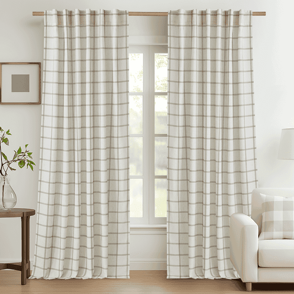 NICETOWN Checkered Curtains Plaid Linen Curtains, White Linen Curtains Semi Sheer Light Filtering Drapes French Country Privacy protection Window Curtains for Farmhouse, 52"x84", 2 Panels