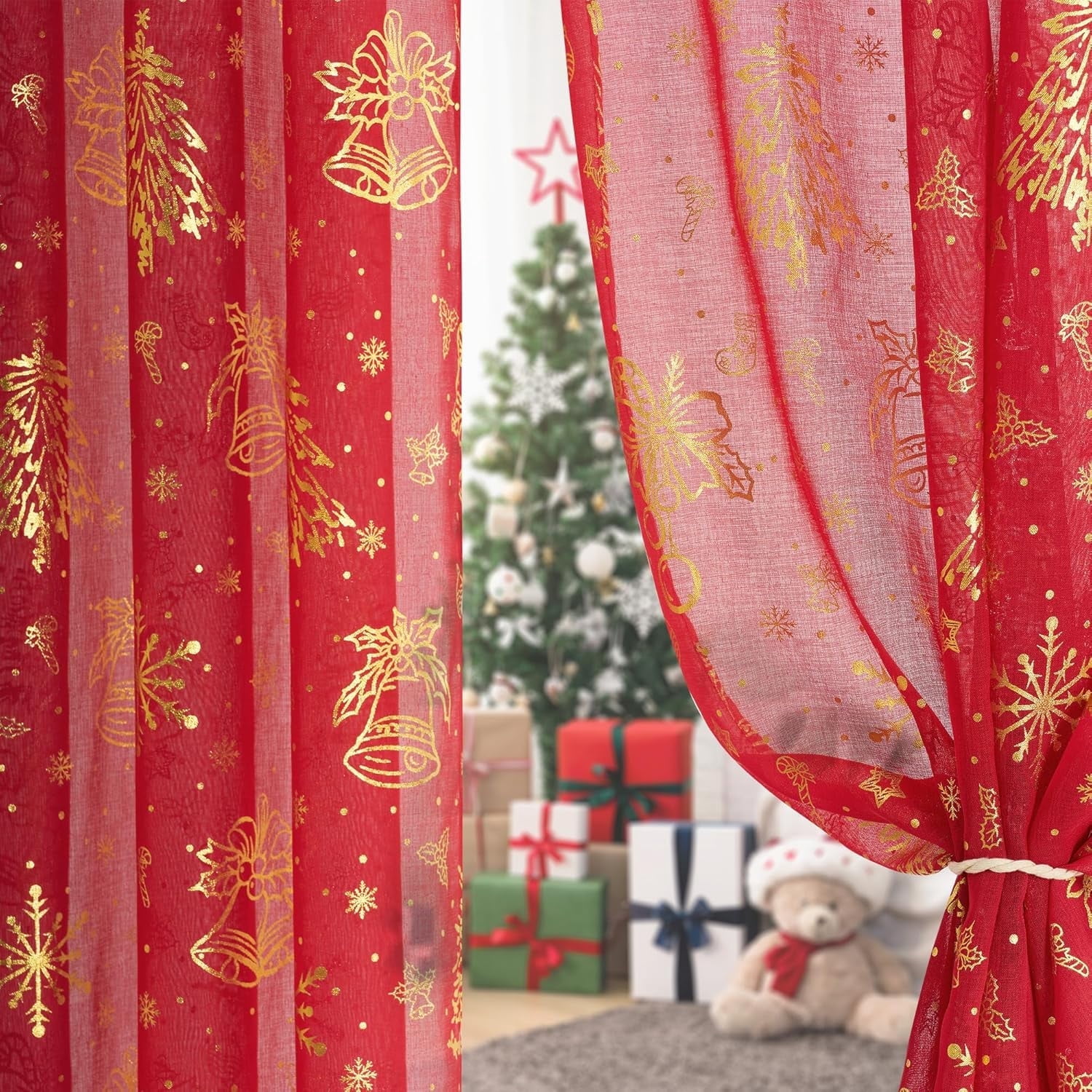 NICETOWN Christmas Sheer Curtains for Living Room, Red Grommet Curtains for Bedroom Window Drapes for Home Decor, W52 x L84, 2 Panels