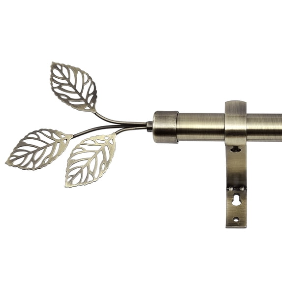 NICETOWN Brass Curtain Rod for Windows 28 to 48 inch, Adjustable Standard 1 inch Diameter Farmhouse Single Curtain Rod Set with Leaf Finials, Antique Brass