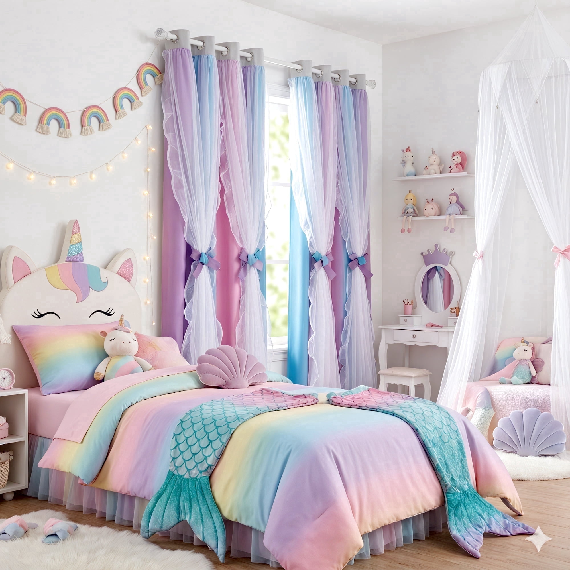 NICETOWN Double Layer Curtain for Girls Bedroom Colorful Rainbow Design Room Darkening Grommet Modern Drapes, Ombre Pink/Blue/Purple, 2 Panels, W52 x L84
