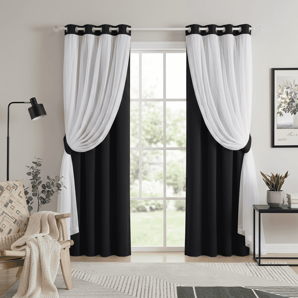 NICETOWN Double Layer Sheer Blackout Curtains Solid Grommet Room Darkening Thermal Drapes, W52 x L84, Set of 2, Black