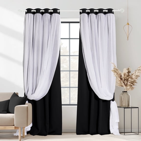 NICETOWN Double Layer Sheer Blackout Curtains Solid Grommet Room Darkening Thermal Drapes, W52 x L84, Set of 2, Black
