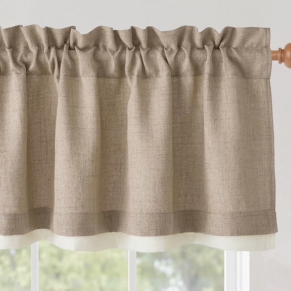 NICETOWN Double Layer Valance for Cafe, Semi Sheer Light Filtering Linen Valance Rod Pocket Farmhouse Linen Window Drapes for Bathroom, 52"x18", Burlap, 1 Panel