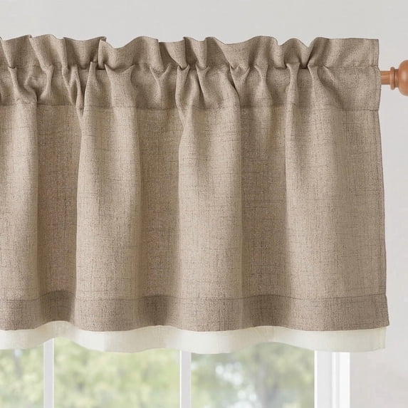 NICETOWN Double Layer Valance for Cafe, Semi Sheer Light Filtering Linen Valance Rod Pocket Farmhouse Linen Window Drapes for Bathroom, 52"x18", Burlap, 1 Panel
