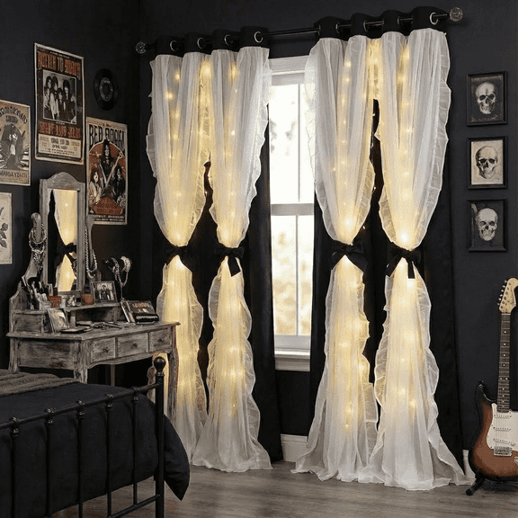 NICETOWN Double Layer Blackout Curtains for Living Room Grommet Thermal Insulation Ruffle Shabby Chic Curtains for Window Treatment, W52 x L84, Set of 2, Black