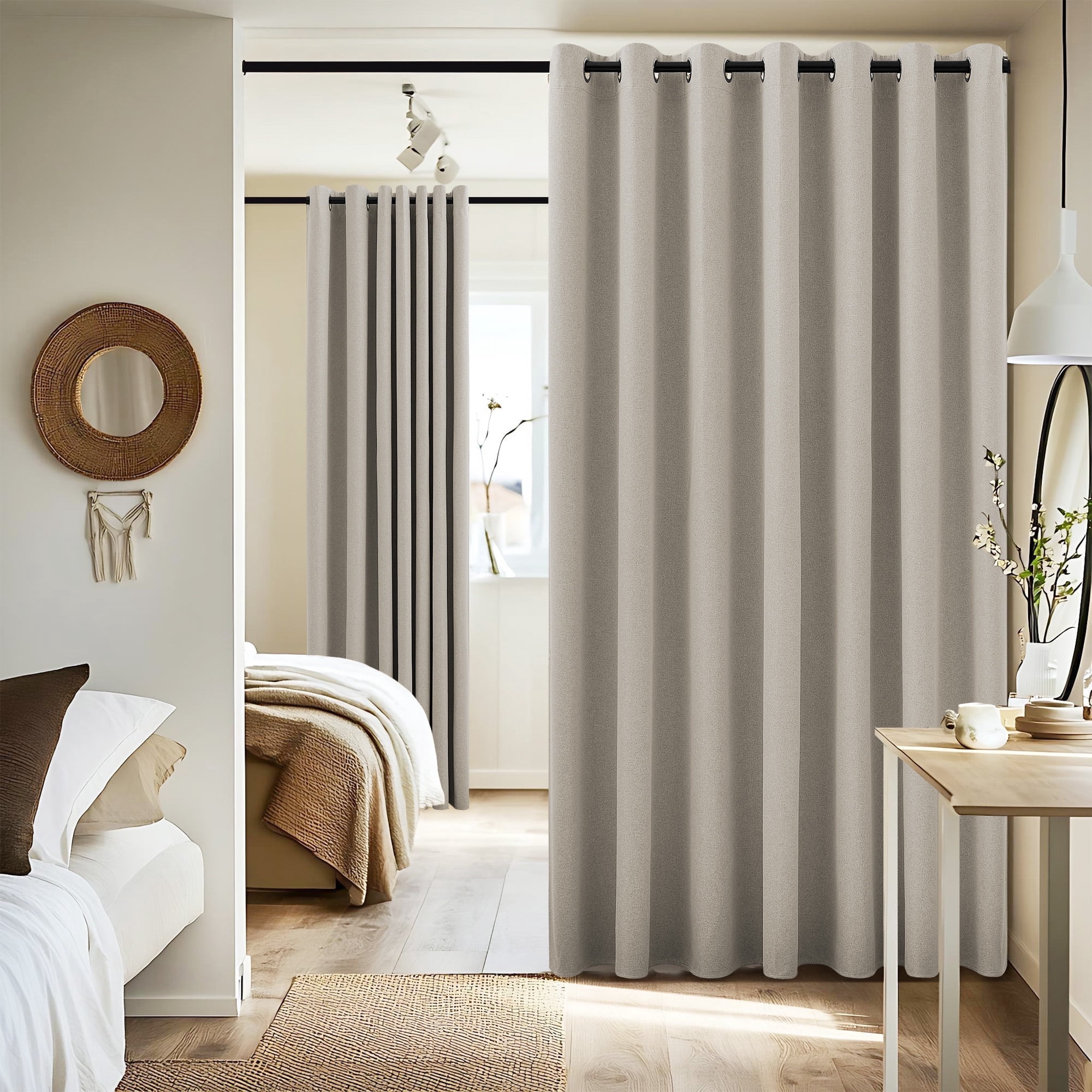 NICETOWN Extra Wide 100% Blackout Linen Curtain, Grommet Divider Room Drape Sound Reducing Thermal Insulated Drape for Shift Worker, 1 Panel, W100 x L84, Natural