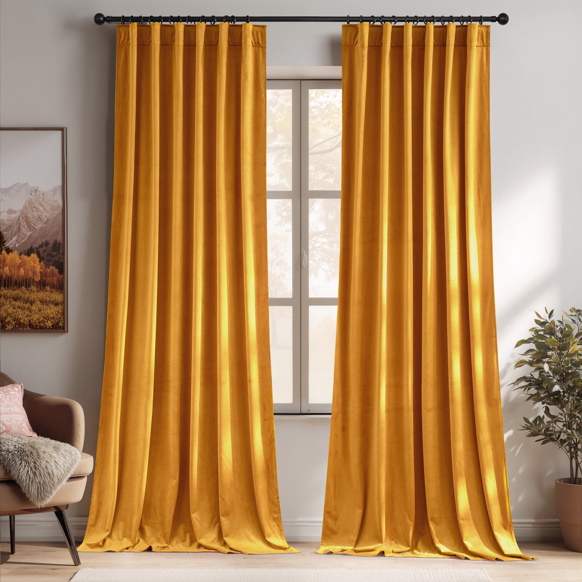 NICETOWN Fall Gold Velvet Curtains for Bedroom, Soft Luxury Velvet Drapes Thermal Insulated Room Darkening Rod Pocket & Back Tab Curtains Drapes Panels, 52"x 96", 2 Panels