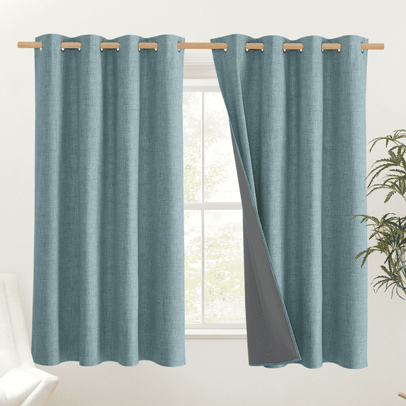 NICETOWN Faux Linen 100% Blackout Curtains for Living Room, Thermal Insulated Room Darkening Noise Reduce Grommet Drapes, Skylark Blue, 52"x63", 2 Panels