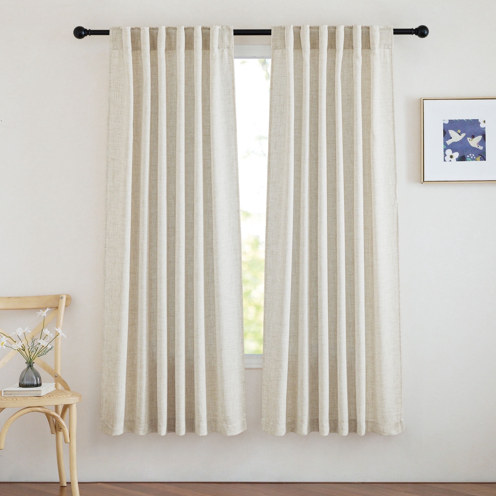 NICETOWN Faux Linen Curtains for Bedroom, Semi Sheer Faux Linen Curtains Rod Pocket Back Tab Light Filtering Privacy Window Drapes Soft Linen Textured Farmhouse Curtains, 52"x72", Cream, 2 Panels