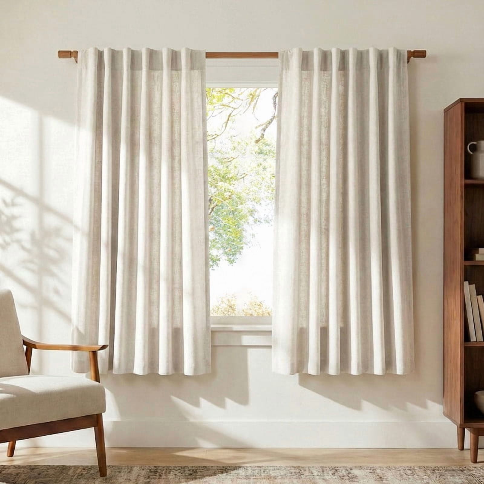 NICETOWN Faux Linen Curtains for Living Room, Light Filtering Farmhouse Curtains Rod Pocket Back Tab Privacy Semi Sheer Drapes for Bedroom Dining Room, 52"x63", Natural, 2 Panels