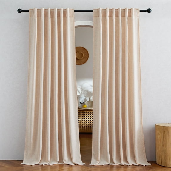 NICETOWN Faux Linen Curtains for Living Room, Semi Sheer Linen Light Filtering Farmhouse Curtains Rod Pocket Back Tab Privacy Faux Linen Drapes for Bedroom Dining Room, 52"x90", Natural, 2 Panels